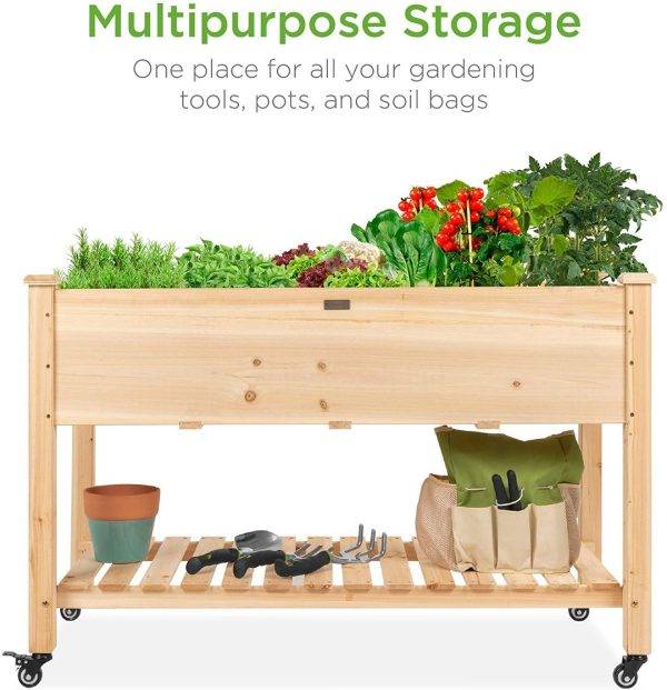 Best Choice Products Raised Garden Bed 48x24x32-inch Mobile Elevated Wood Planter w/Lockable Wheels, Storage Shelf, Protective Liner
