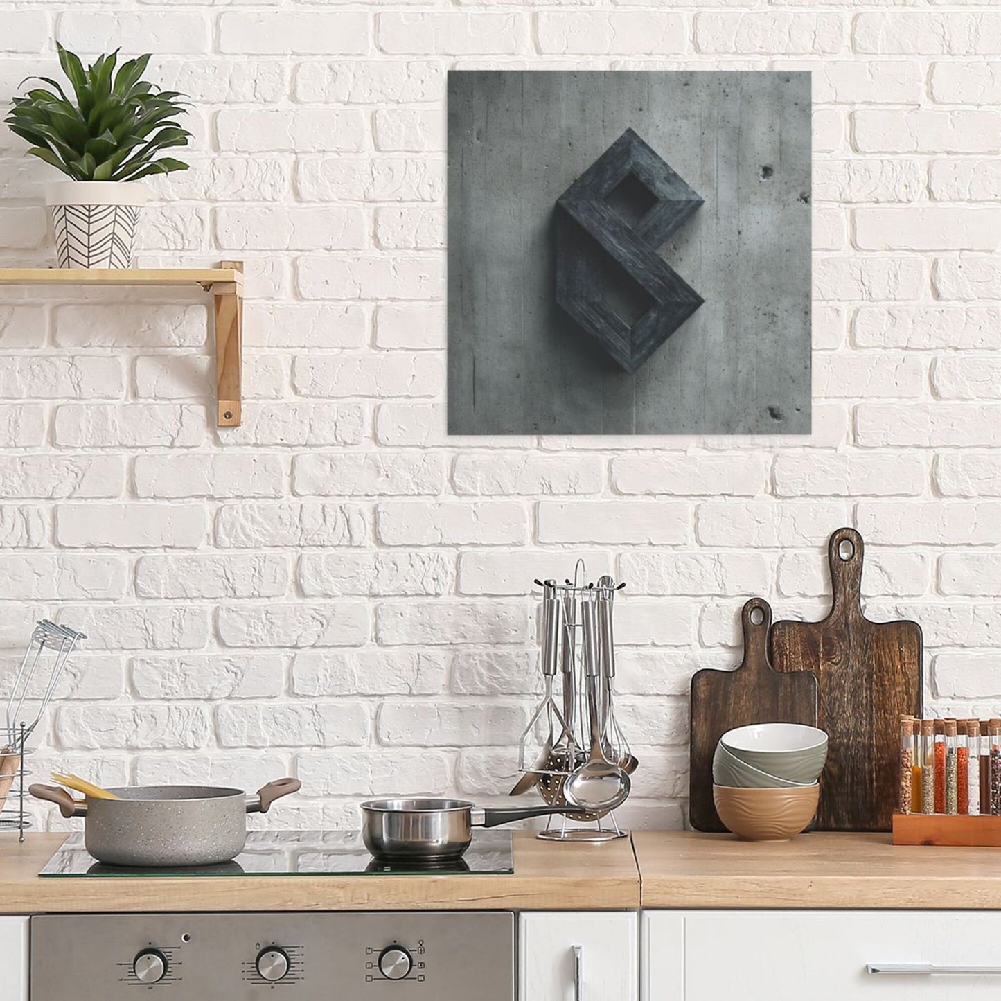 Industrial Style 3D Geometric Letter Wall Art Canvas – Square Modern Unframed Decorative Painting 40×40cm