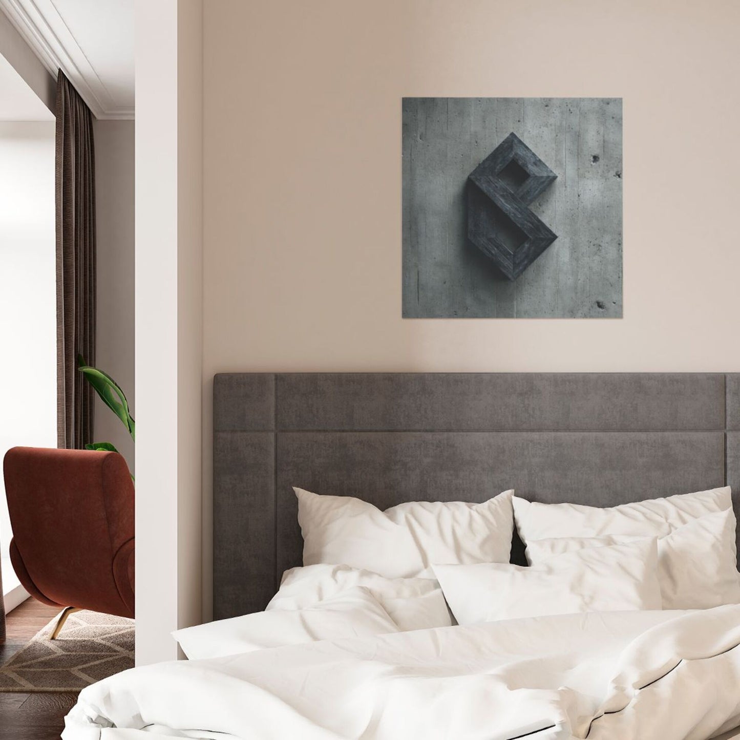 Industrial Style 3D Geometric Letter Wall Art Canvas – Square Modern Unframed Decorative Painting 40×40cm