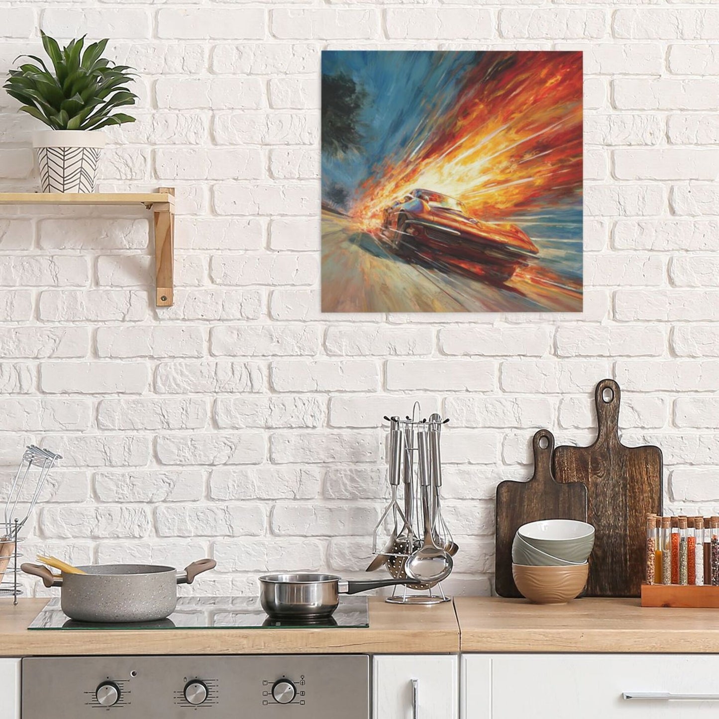 Racing Fire Speed Wall Art Canvas – Square Modern Unframed Decorative Painting 40×40cm