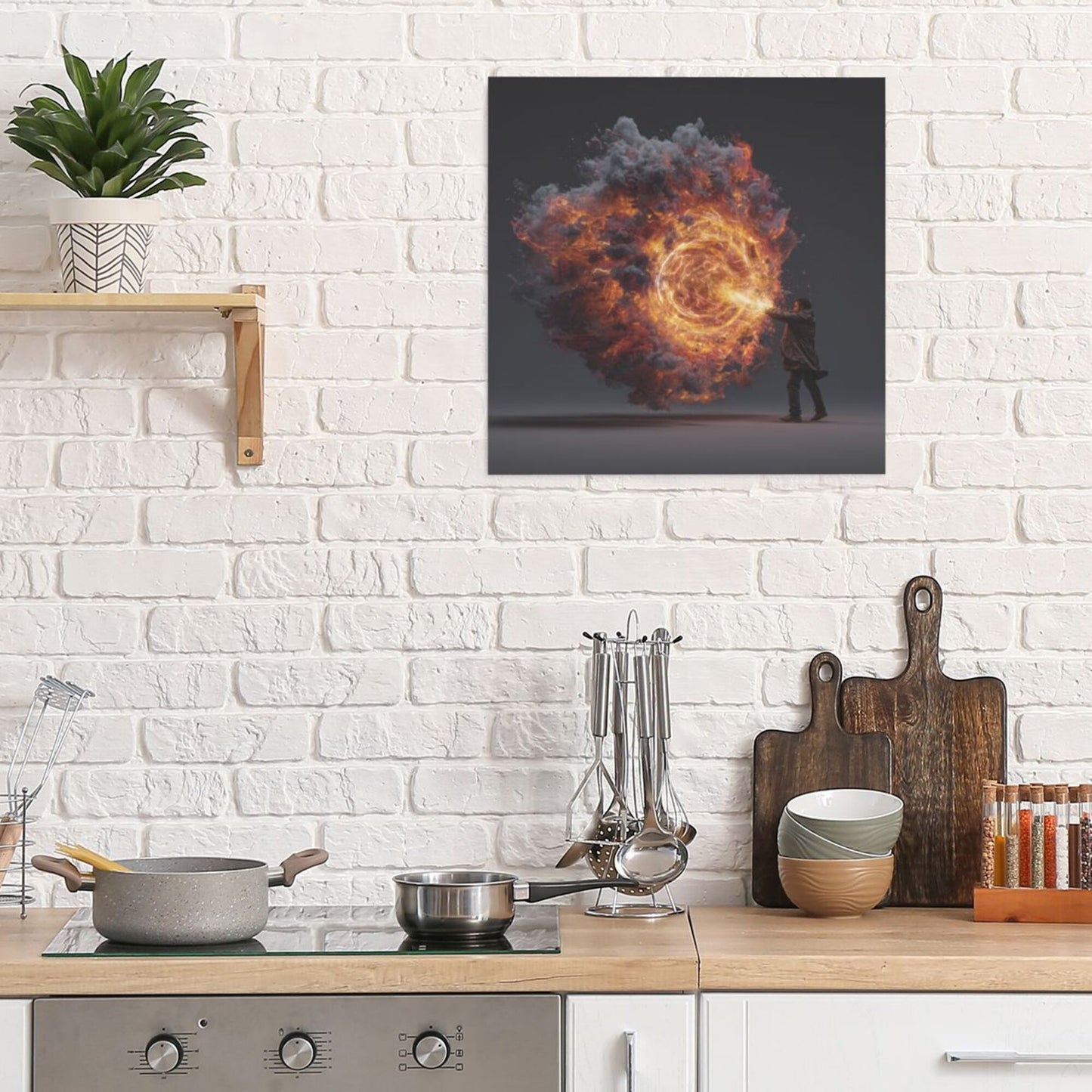 Energy Flame Control Wall Art Canvas – Square Modern Unframed Decorative Painting 40×40cm