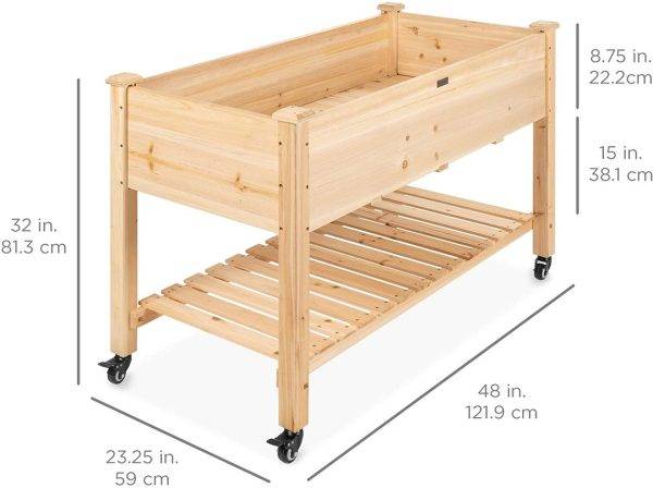 Best Choice Products Raised Garden Bed 48x24x32-inch Mobile Elevated Wood Planter w/Lockable Wheels, Storage Shelf, Protective Liner