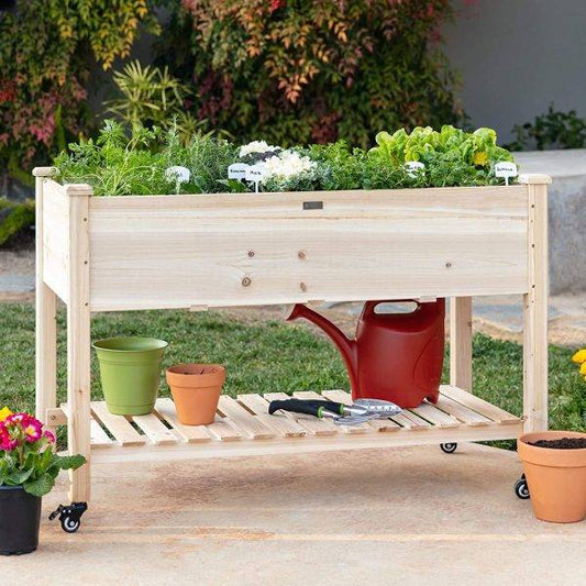 Best Choice Products Raised Garden Bed 48x24x32-inch Mobile Elevated Wood Planter w/Lockable Wheels, Storage Shelf, Protective Liner